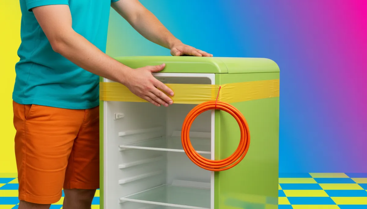 photographic realistic close-up of a homeowner in Leander TX taping shut the doors of an empty refrigerator and coiling the power cord neatly before disposal, with bright pop retro colors and clear details