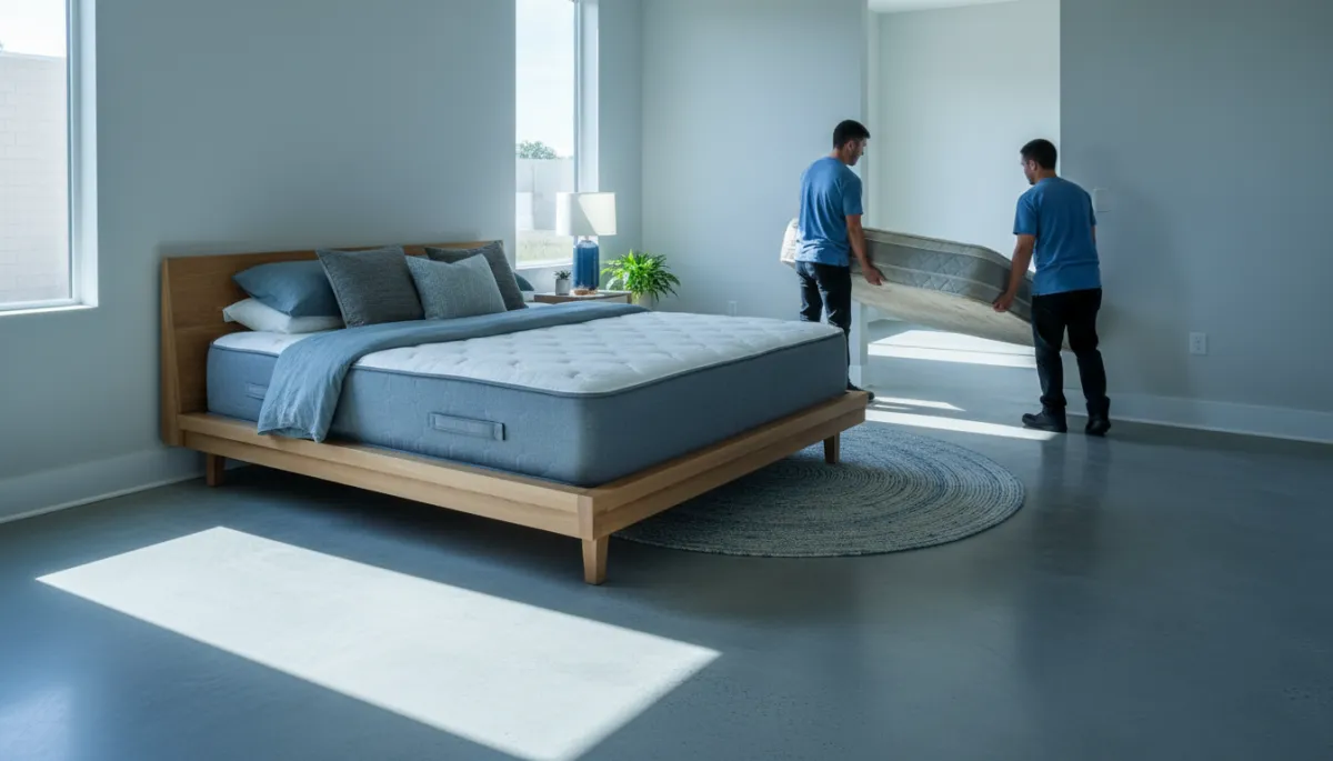Old mattress being carried out of a Leander TX bedroom while a new mattress sits on the bed frame Old mattress being carried out of a Leander TX bedroom while a new mattress sits on the bed frame