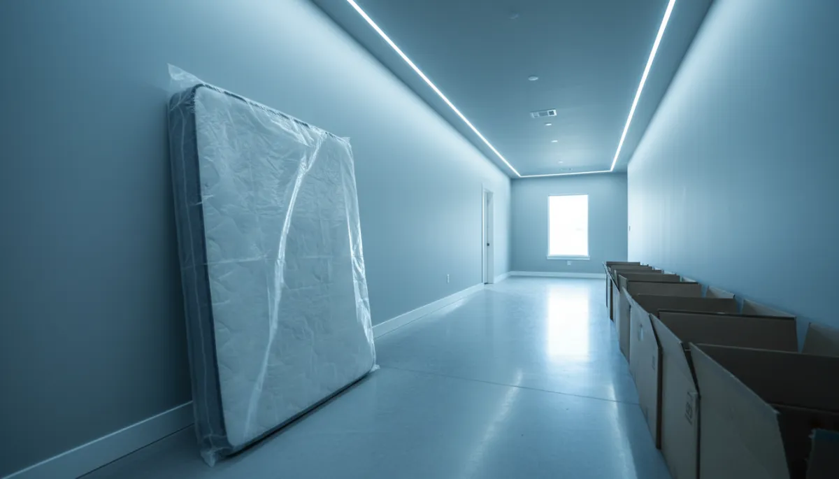 Wrapped mattress in a hallway with a clear path ready for removal in a Leander home Wrapped mattress in a hallway with a clear path ready for removal in a Leander home