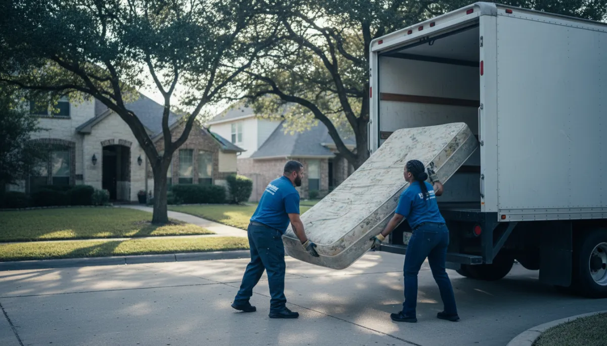 Junk removal team loading an old mattress into a truck in Leander TX Junk removal team loading an old mattress into a truck in Leander TX