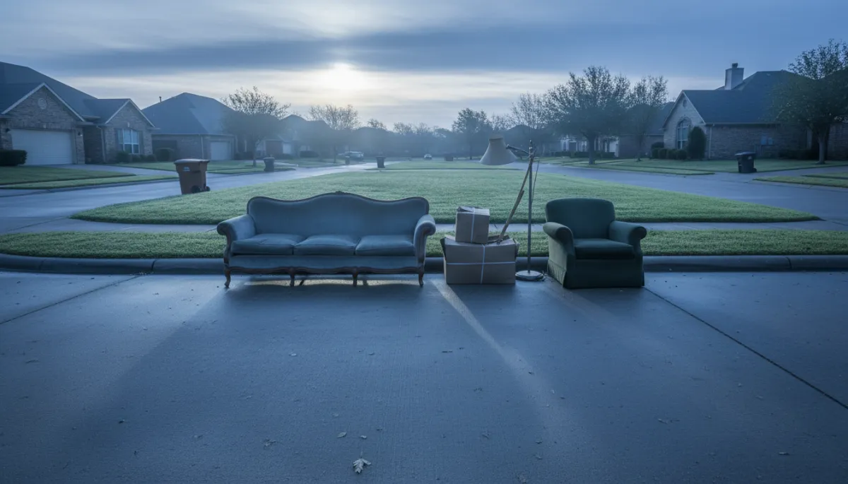 Old couch placed neatly at the curb in Round Rock for bulk trash pickup