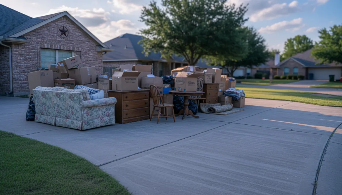 Multiple old furniture items staged in a Round Rock driveway for eco-friendly pickup
