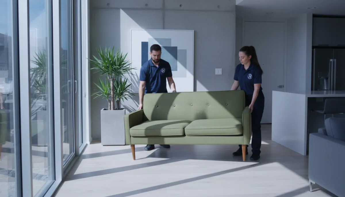 Professional junk removal team carrying a couch out of a Round Rock home