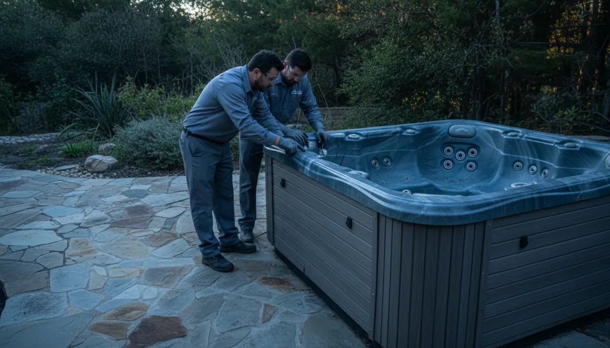 Junk removal crew inspecting an old hot tub next to a Cedar Park patio