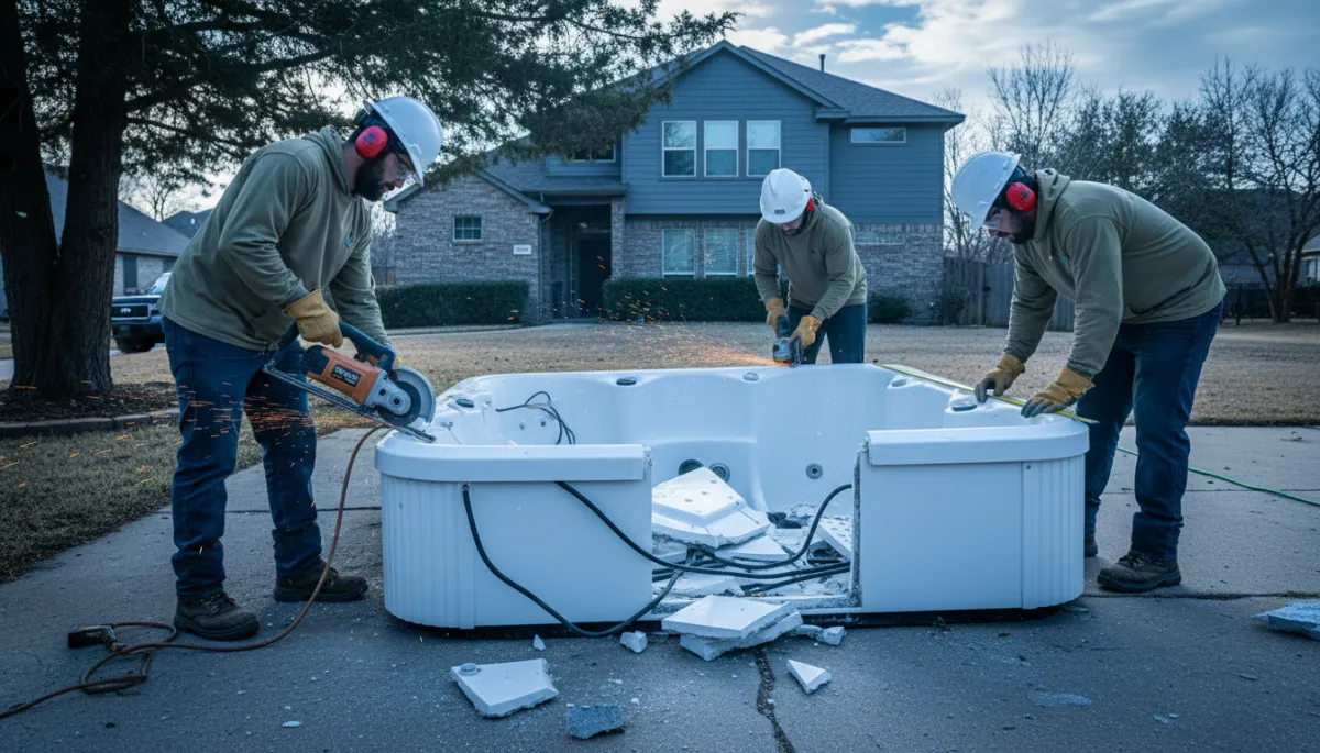 Workers cutting a hot tub shell into smaller sections on a driveway