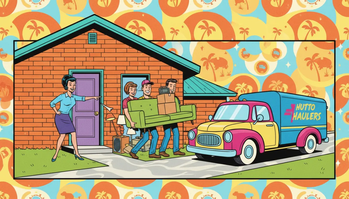 Illustration of junk removal crew carrying bulky items from a Hutto home