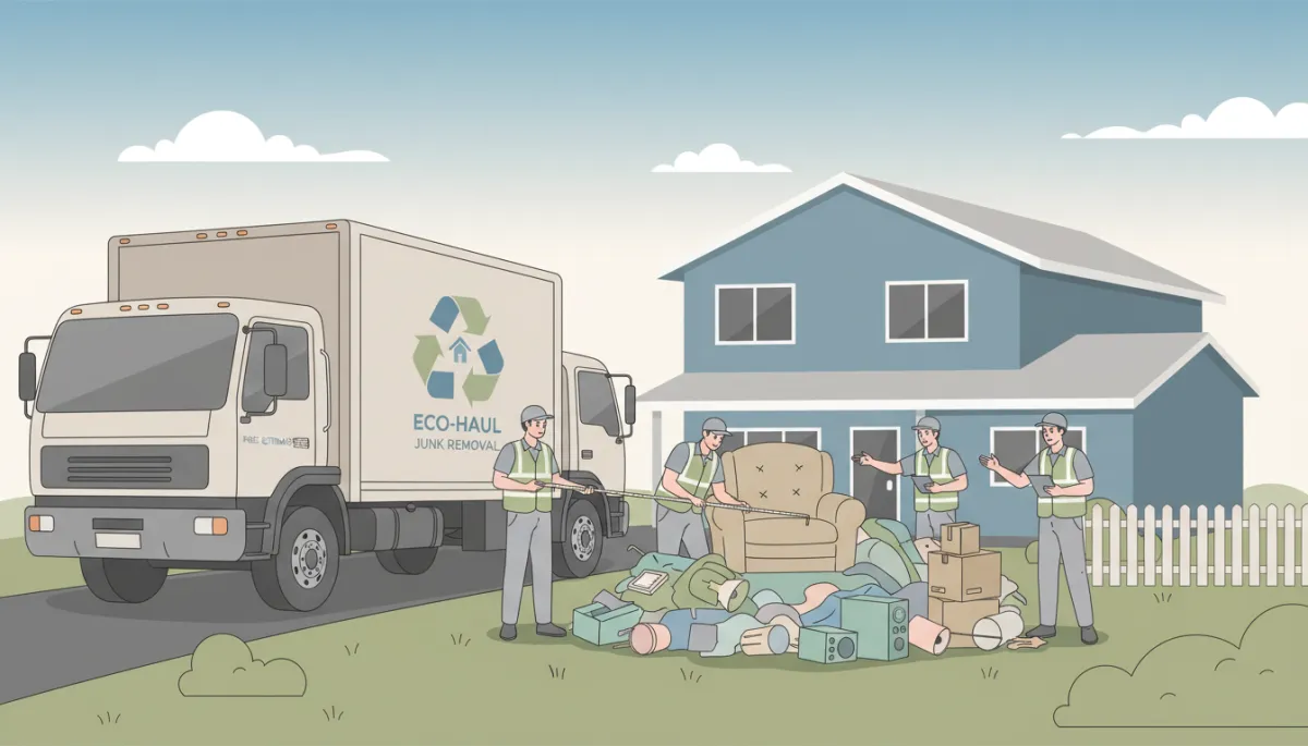 Junk removal crew estimating volume of household items before loading the truck Junk removal crew estimating volume of household items before loading the truck