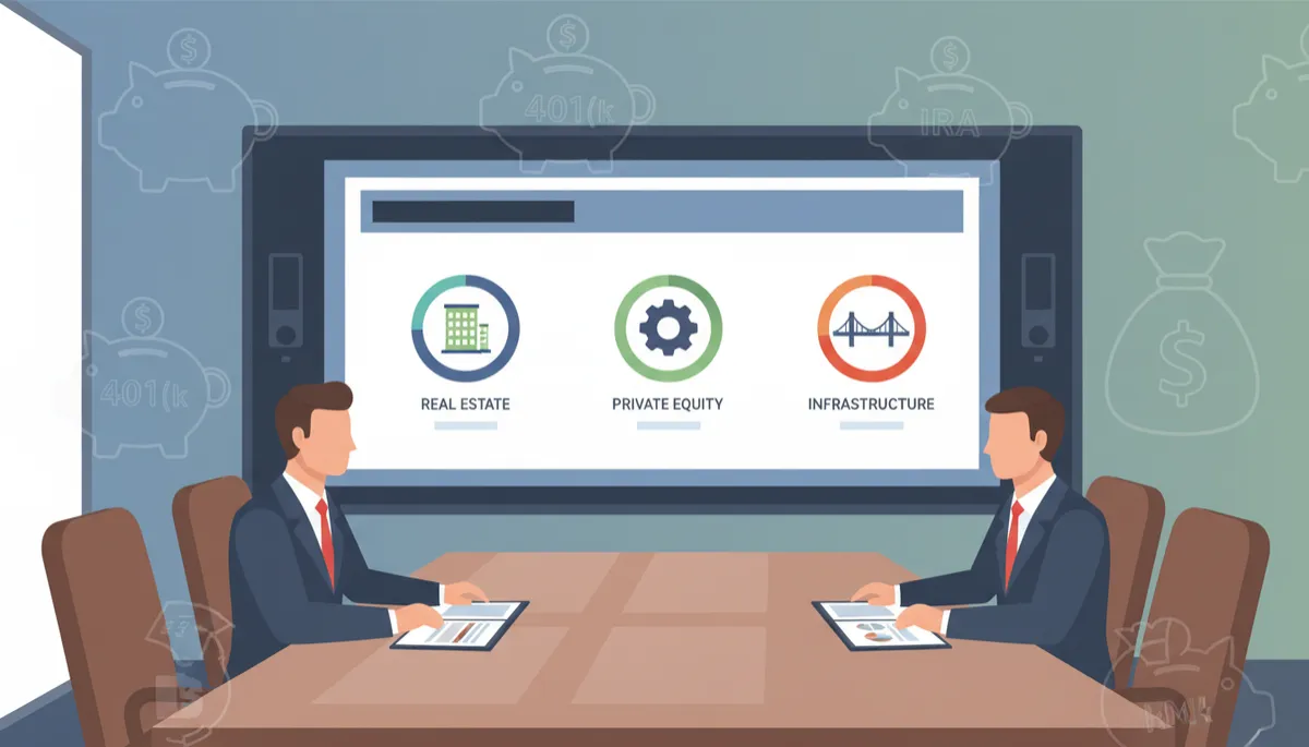 Modern conference room with retirement plan fiduciaries reviewing documents and charts on a large screen that highlights alternative investments such as real estate, private equity, and infrastructure, with a subtle overlay of 401(k) and IRA icons in the background