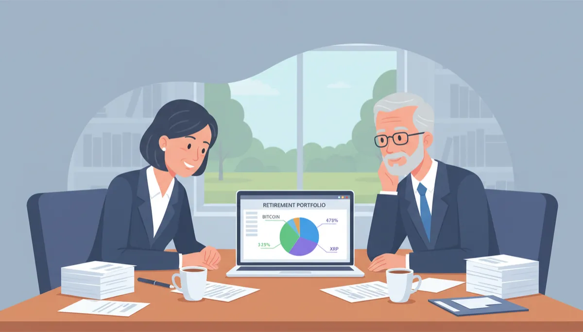 Retiree and financial advisor reviewing a laptop dashboard showing Bitcoin, Ethereum, and XRP allocations inside a retirement portfolio, calm office setting with paperwork and coffee on the table