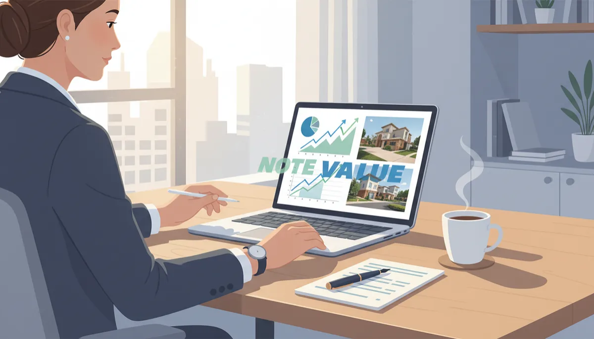 Professional investor reviewing real estate note documents and yield projections on a laptop in a modern office, with charts and property photos visible on screen, soft natural light, organized desk with notepad and coffee