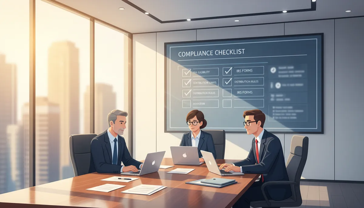 Modern conference room where an investor meets with a tax attorney and custodian representative, large screen displaying IRA compliance checklist and IRS forms, documents and laptops on the table, daylight coming through glass walls