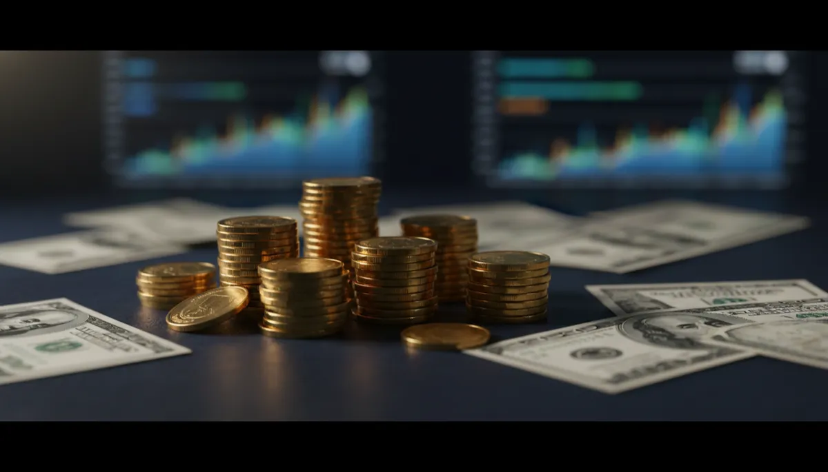 dark, professional photograph of neatly stacked gold coins and scattered US currency on a dark navy and charcoal desk, blurred financial documents and charts in soft background bokeh, deep shadows and cinematic 16:9 lighting