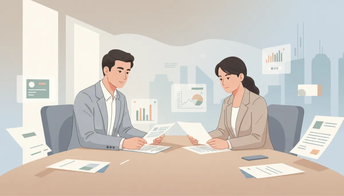 professional neutral-toned scene of an investor and attorney reviewing loan documents at a conference table, soft natural light, subtle charts and legal papers visible, calm and serious mood