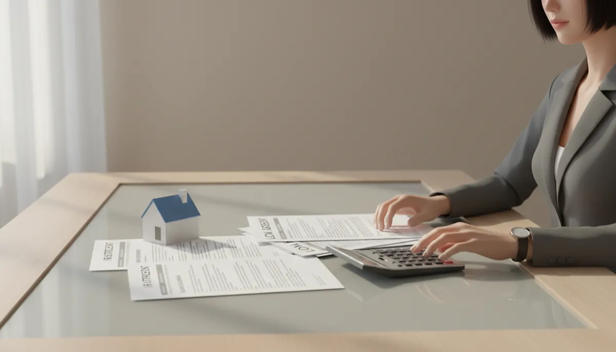Self-directed IRA investor evaluating private lending opportunities with loan documents, calculator, and a small house model on the desk