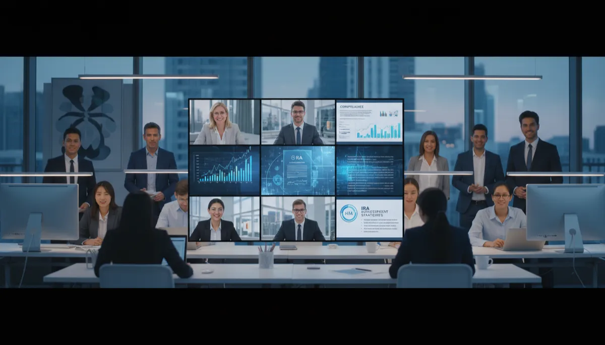 photorealistic wide shot of a diverse group of financial professionals on a video conference, multiple screens showing charts, compliance documents, and IRA-related presentations, modern office setting with clean professional financial/business aesthetic