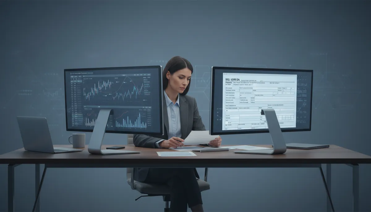 photorealistic scene of a professional investor reviewing crypto transaction reports and IRS tax forms on dual monitors in a modern office, muted blue and gray financial color palette, subtle charts and Form 1099-DA visible on screen