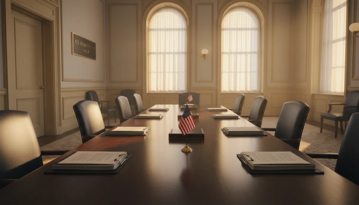 photorealistic neutral-tone scene inside a formal U.S. government office building, Department of Labor signage visible near a doorway, a polished conference table with neatly stacked legal documents and a small American flag, soft natural light from tall windows, professional regulatory atmosphere