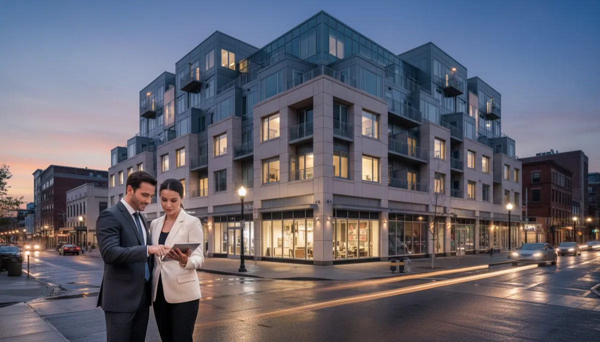 photorealistic neutral-tone scene of a mid-rise commercial office and multifamily building on a city corner at dusk, with subtle interior lights on, and two professionals in business attire reviewing documents on a tablet outside the property