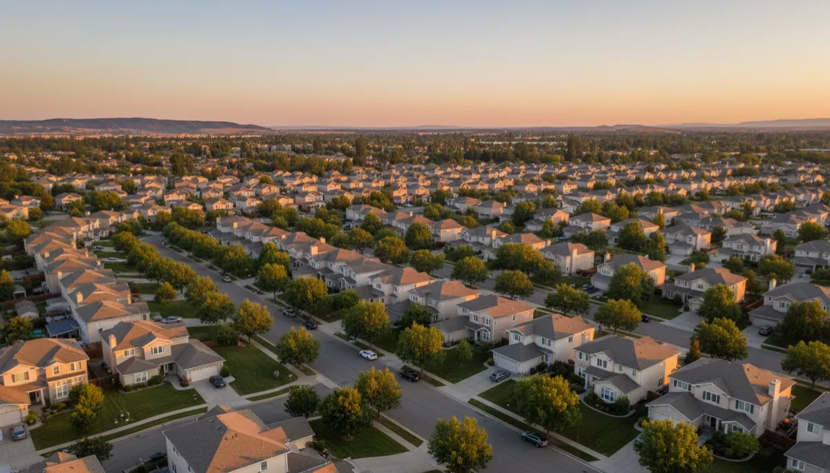 photorealistic aerial view of a quiet suburban residential neighborhood with well-kept single-family homes, tree-lined streets, neutral color palette, early evening light, real estate investment photography style