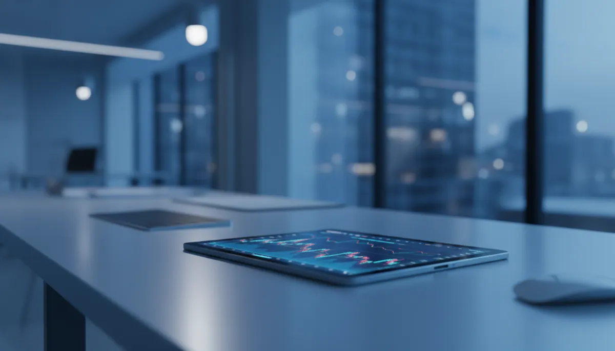 photorealistic modern digital finance desk with a tablet displaying blue-tinted cryptocurrency charts and candlesticks, professional office background, soft blue lighting reflecting off a clean metal-and-glass surface, no logos or text overlays
