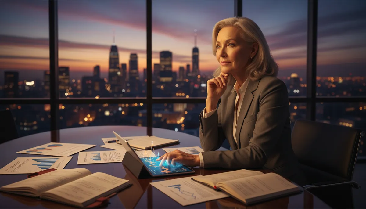 photorealistic senior executive investor seated at a modern conference table, warm professional lighting, floor-to-ceiling windows overlooking a city skyline at dusk, documents and a tablet with financial charts on the table, expression thoughtful and strategic, subtle warm color palette