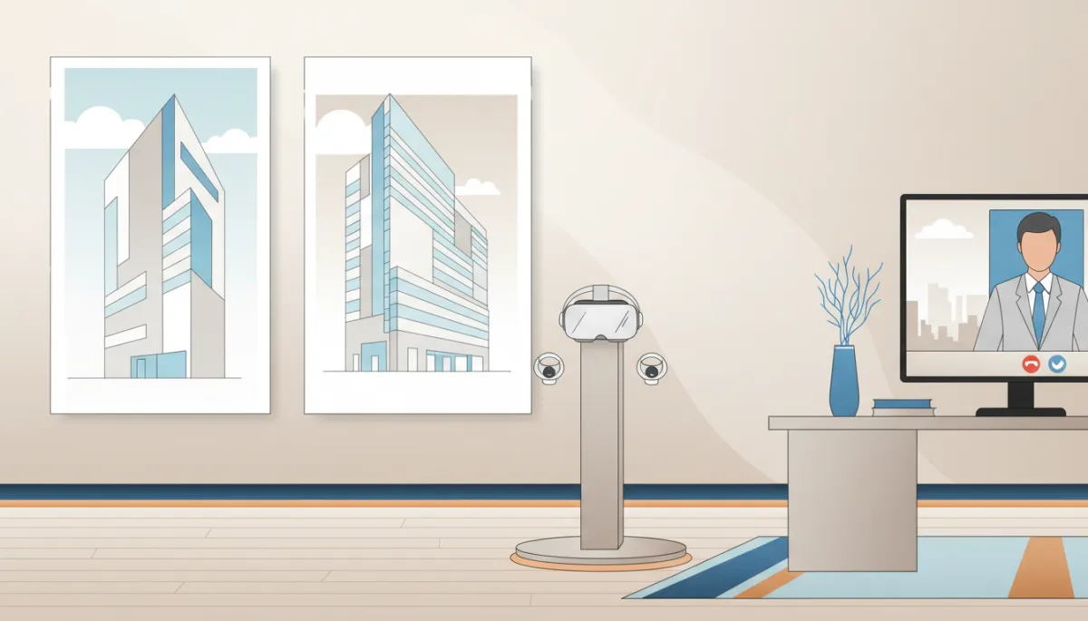Sales gallery with renderings, virtual tools, and remote consultation setup