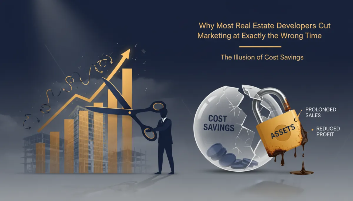 Insert relevant images into relevant places on the blogwithout changing anything from the text at all [Brand guidelines: use brand color palette #010f3f, #f7a916]. Context: This is for a blog post about "Why Most Real Estate Developers Cut Marketing at Exactly the Wrong Time". Style: Professional quality, photorealistic, high resolution