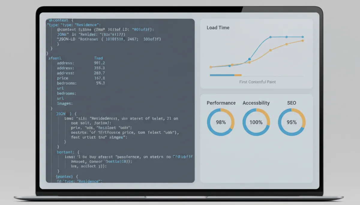 Developer screen showing structured data for a real estate listing and performance metrics