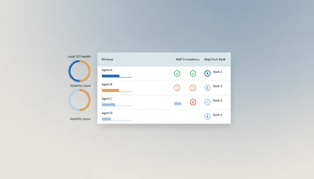 Dashboard comparing local SEO performance metrics for multiple real estate agents