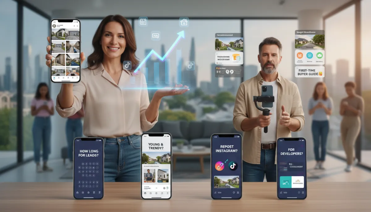 Real estate agent filming a TikTok home tour video on smartphone