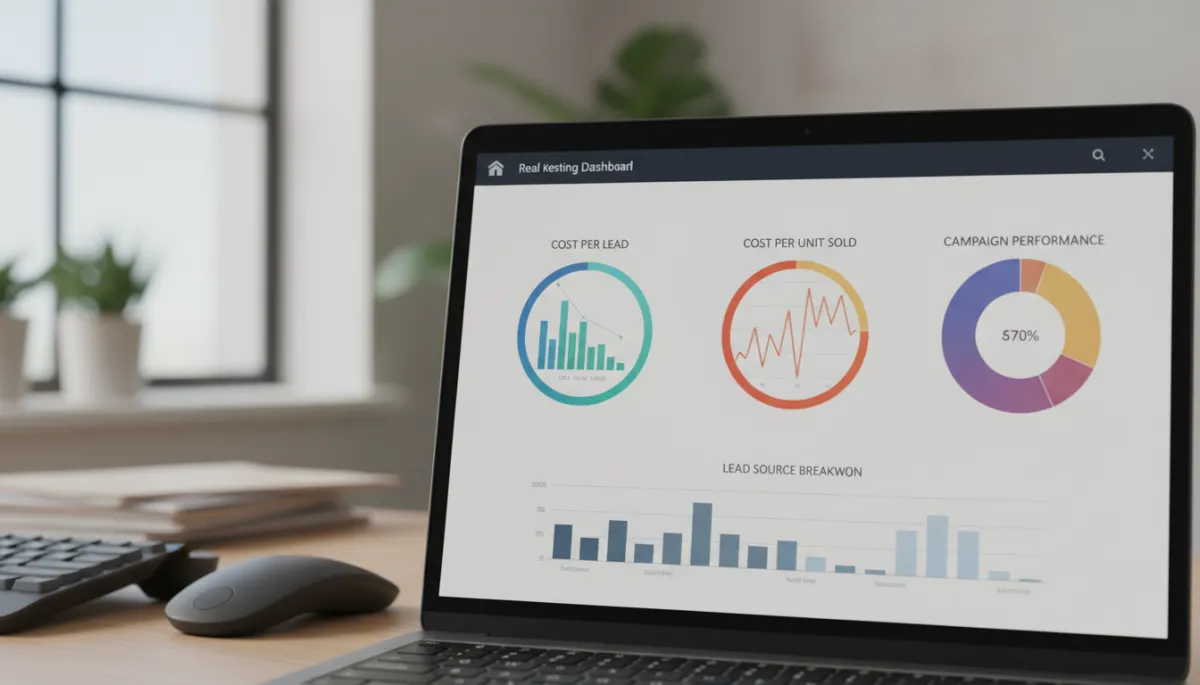 Dashboard showing real estate marketing metrics like cost per lead and unit