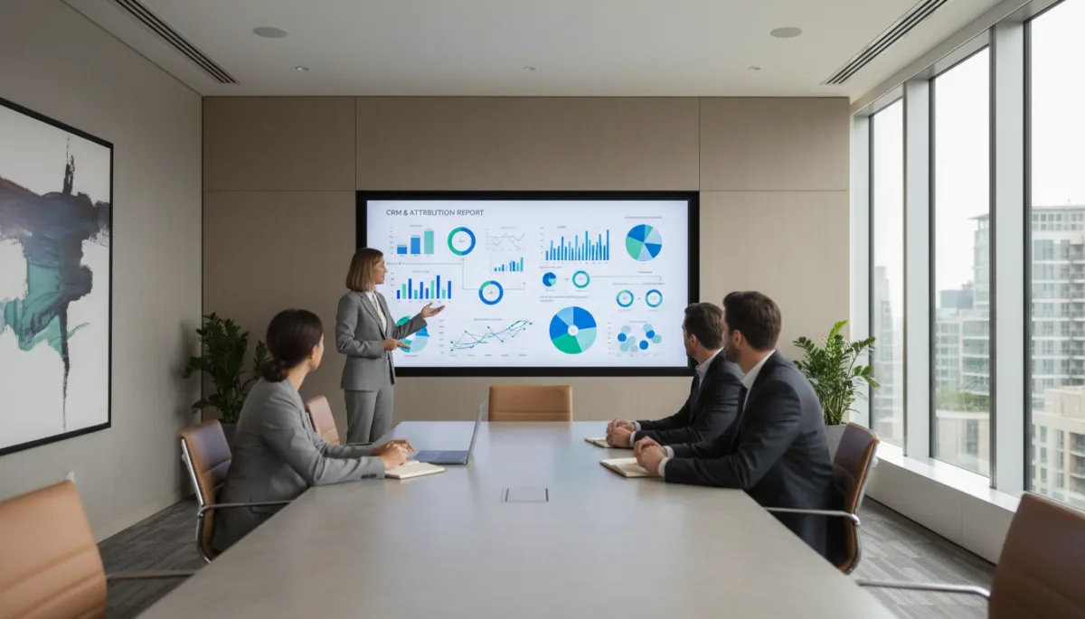 photorealistic scene of a neutral, modern conference room where a consultant is presenting a CRM and attribution report on a large wall-mounted screen to a small real estate development team, all focused and engaged