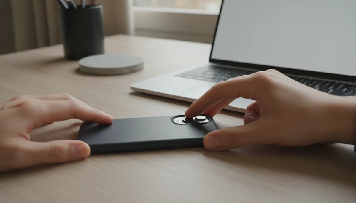 Photorealistic scene of someone putting their phone aside to focus on work