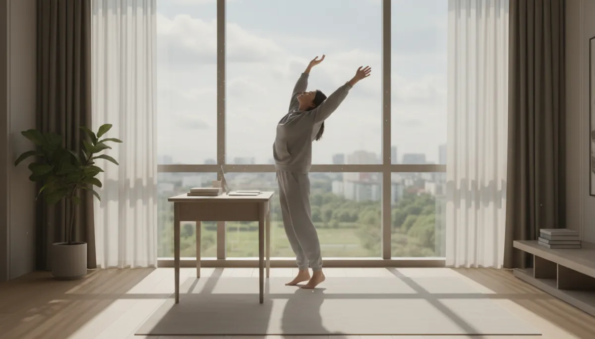 Photorealistic moment of someone taking a stretch break from focused desk work