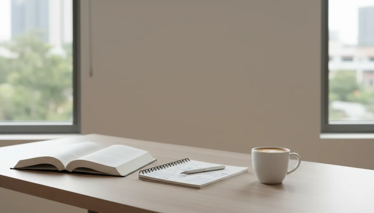 Organized neutral-toned desk setup for focused reading and note-taking