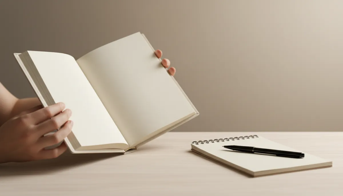 Person reading a book and taking simple handwritten notes beside it