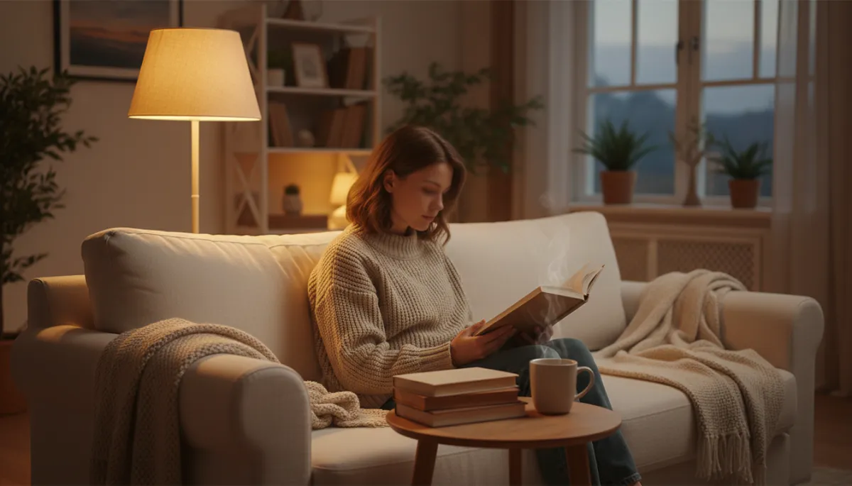 photorealistic cozy neutral-toned living room with a person reading a book on a soft sofa, warm lamp light, a mug of tea on a small table, shallow depth of field, calm evening atmosphere