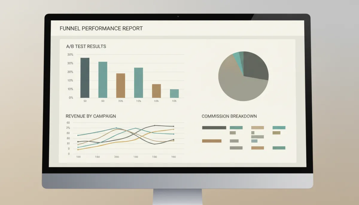 Analytics dashboard showing split-test performance and commission breakdown across multiple campaigns