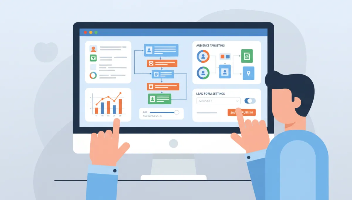 Marketer adjusting Meta Ads audience and lead form settings on a desktop monitor