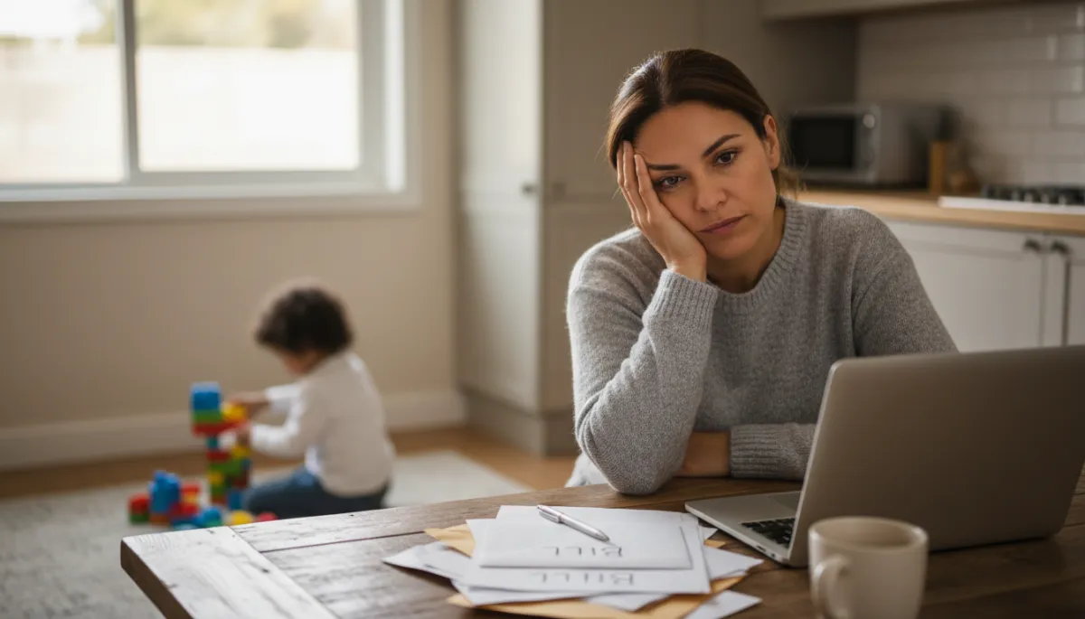 Mujer latina real sosteniendo la cabeza frente a cuentas y computadora en la cocina