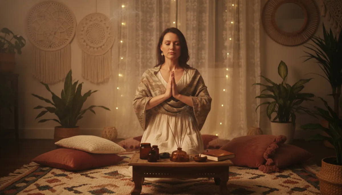 Add an image of a real woman's picture meditating with the praying pose surrounded by surrounded by dim lighting and boho chic style decor [Brand guidelines: use brand color palette #f8f1e7, #a99d7a, #7f8c6e, #ea9ab0, #be417a]. Context: This is for a blog post about "There Is No Manifestation Without Faith: A Psychotherapist’s Perspective on Healing and Receiving". Style: Professional quality, photorealistic, high resolution