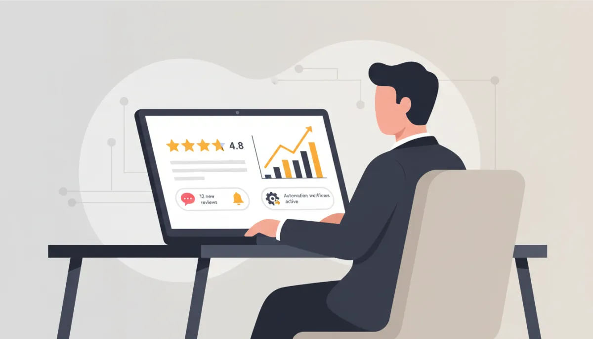 Marketing manager reviewing automated Google review growth on a dashboard