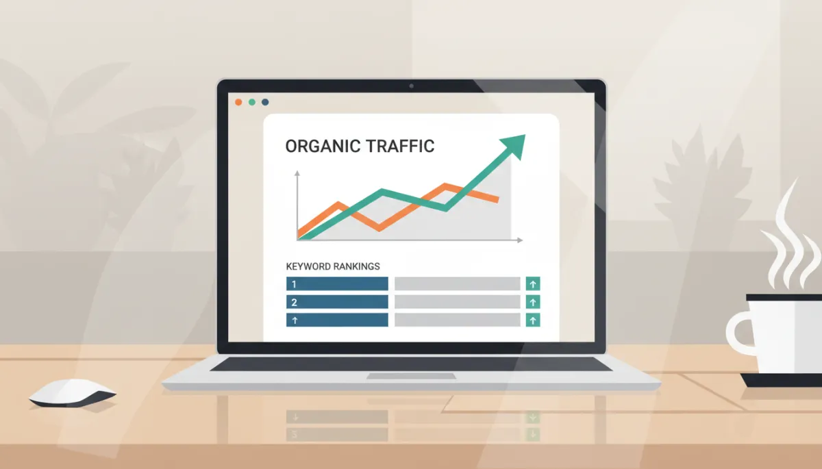 Laptop displaying analytics dashboard with growing organic search traffic and rankings Laptop displaying analytics dashboard with growing organic search traffic and rankings