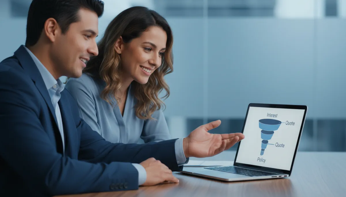 Agente de seguros hispano guiando a un cliente por un embudo de ventas sencillo en su computadora portátil
