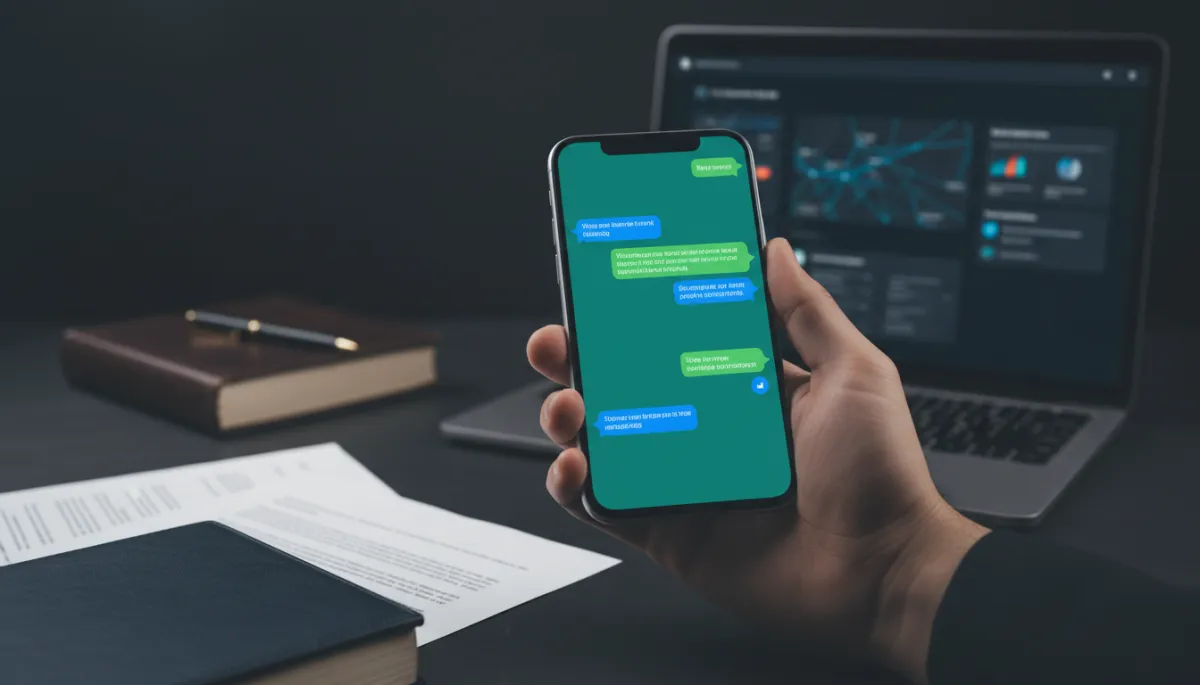 Teléfono mostrando conversación de WhatsApp entre un cliente y un despacho de abogados