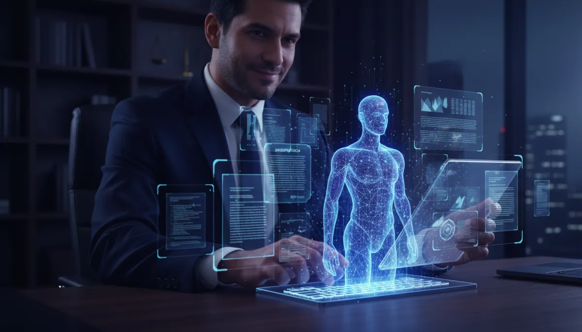 Abogado latino usando herramientas de inteligencia artificial para análisis jurídico y estrategia