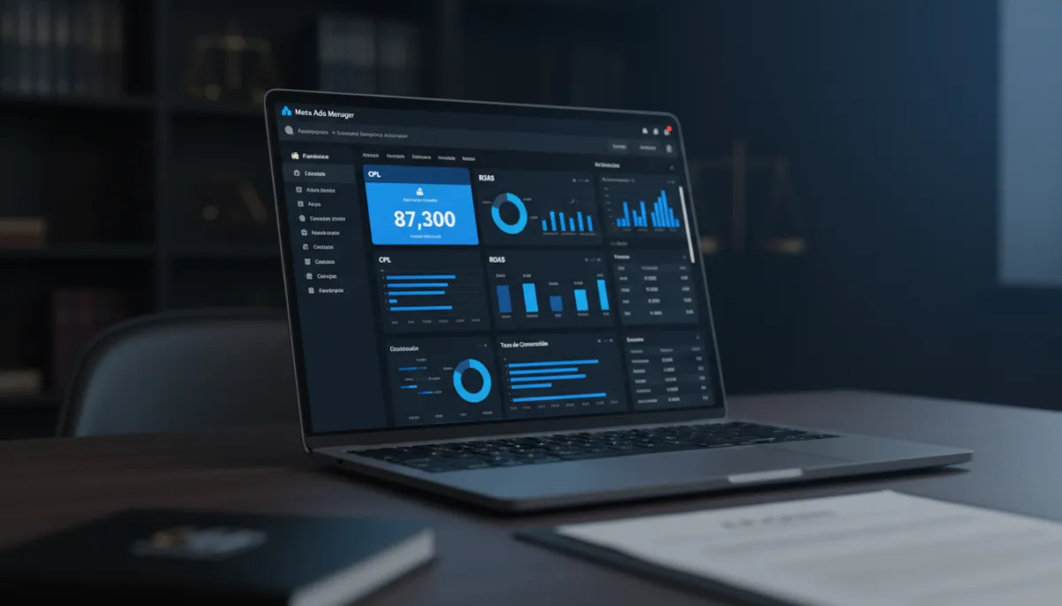 Dashboard de Meta Ads mostrando resultados de campañas para despacho jurídico