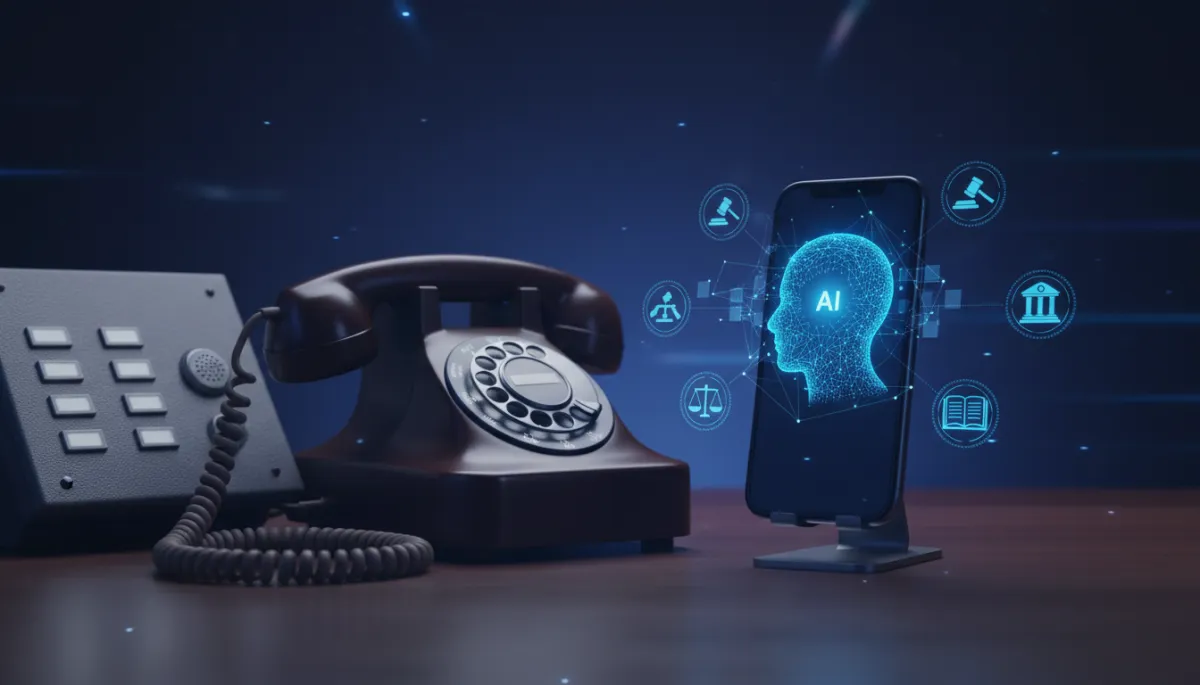 Comparación entre IVR telefónico antiguo y asistente de voz con IA en un despacho jurídico futurista
