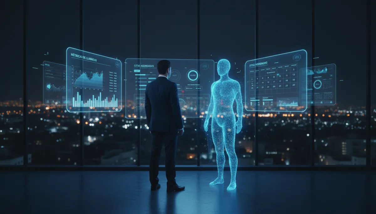 Socio de despacho jurídico observando hologramas de métricas de asistente de voz IA en una oficina futurista