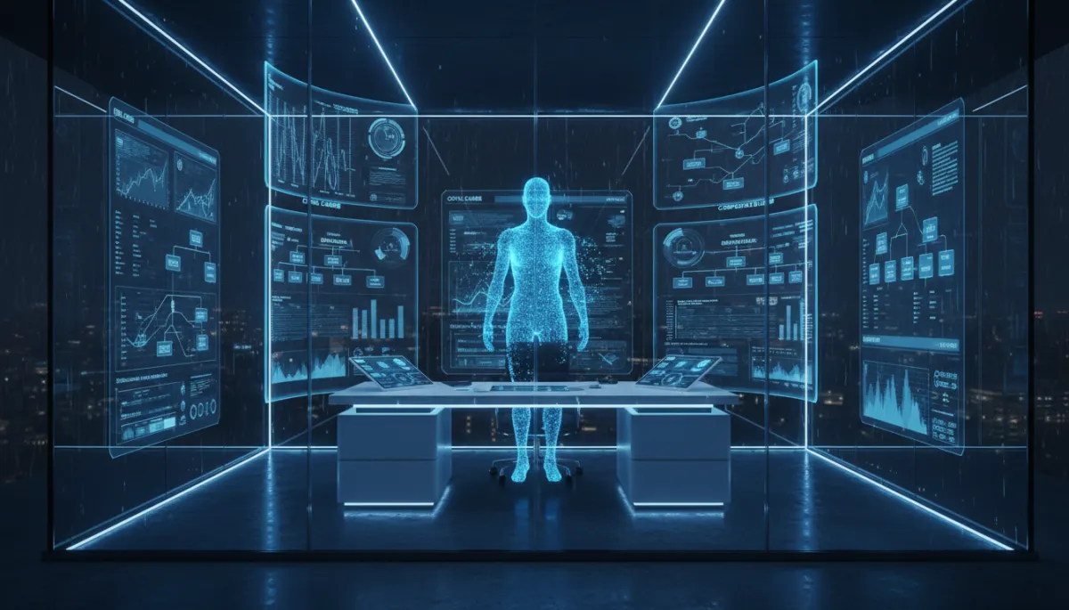 Oficina legal futurista con paneles holográficos de métricas de llamadas y un asistente de voz IA integrado